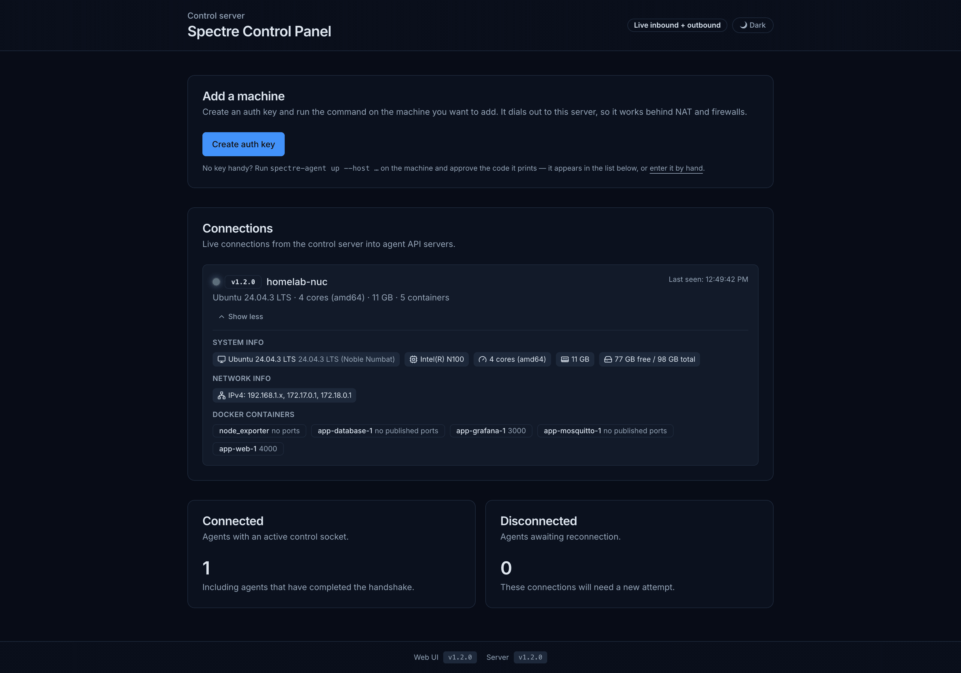 Spectre control panel showing an enrolled homelab NUC, system and network information, Docker containers, and connection status.